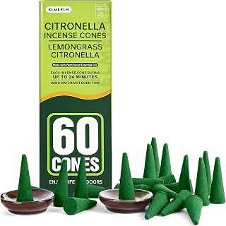 60 PCS Citronella Incense Cones Outdoor - Natural Citronella Incense Cone for Camping, Patio, Hiking,etc(Includes 2 Ceramic Dishes)