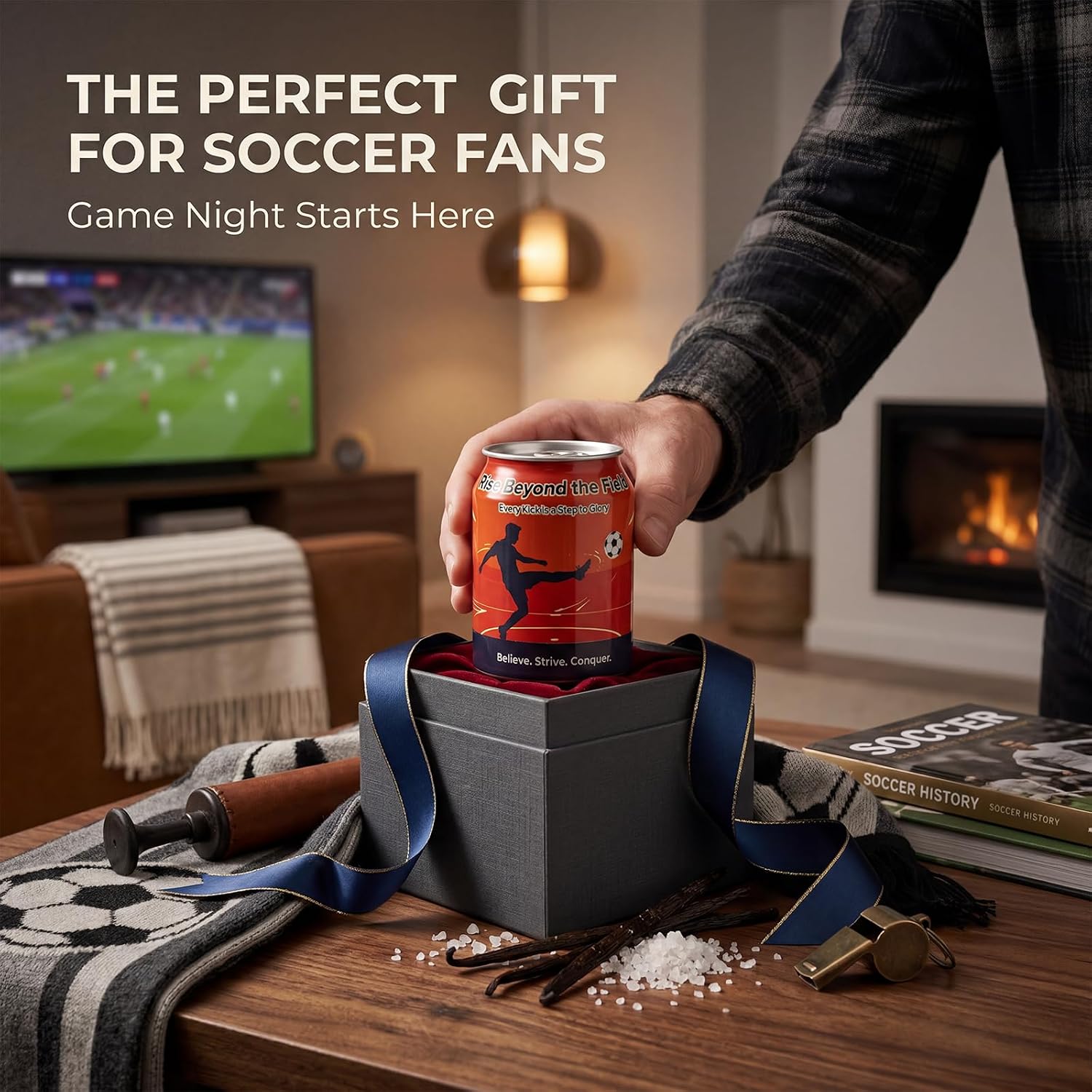 Soccer Gifts for Men – Sea Salt Vanilla Scented Soy Candle, 8.2 Oz Soccer Fan Gift for Boys, Soccer Room Decor, Unique Gifts for Soccer Lovers