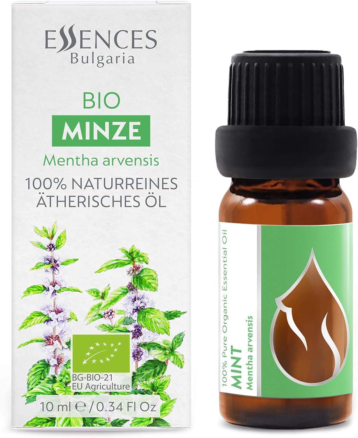 Essences Bulgaria Organic Mint Essential Oil 1/3 Fl Oz | 10ml | Mentha arvensis | 100% Pure and Natural | Undiluted | Therapeutic Grade | Family Owned Farm | Steam-Distilled | Non-GMO | Vegan