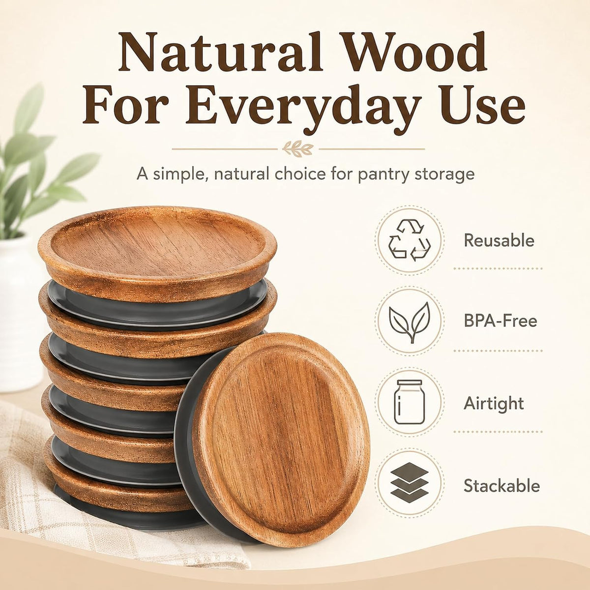 6 Pack Mason Jar Lids, Regular Mouth Mason Jar Lids, Wooden Storage Lids