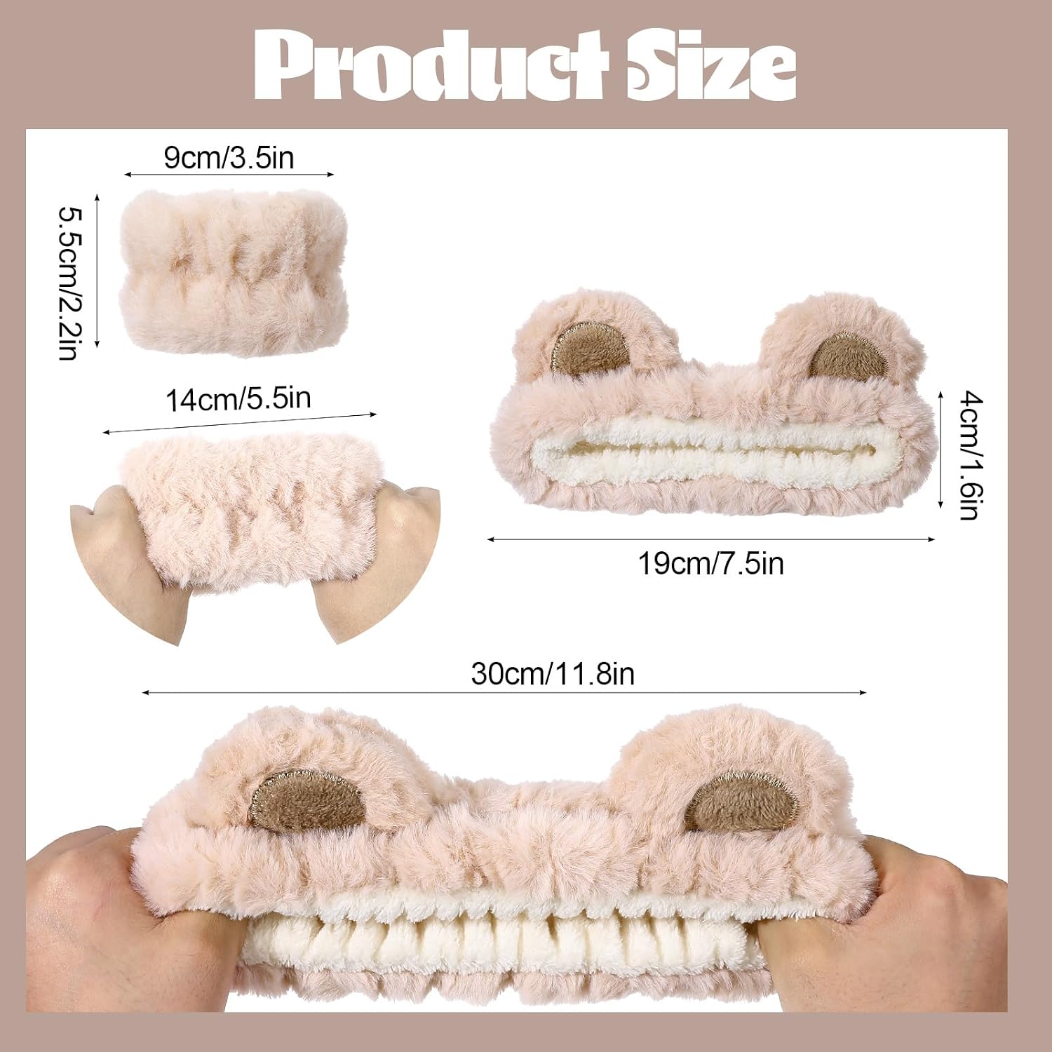 cobee 3 Pcs Bear Ears Face Wash Headband, Skincare Headband And Face Wash Wristbands, Cute Soft Elastic Makeup Headbands Brown For Women's Facial Makeup, Skincare, Spa, And Washing