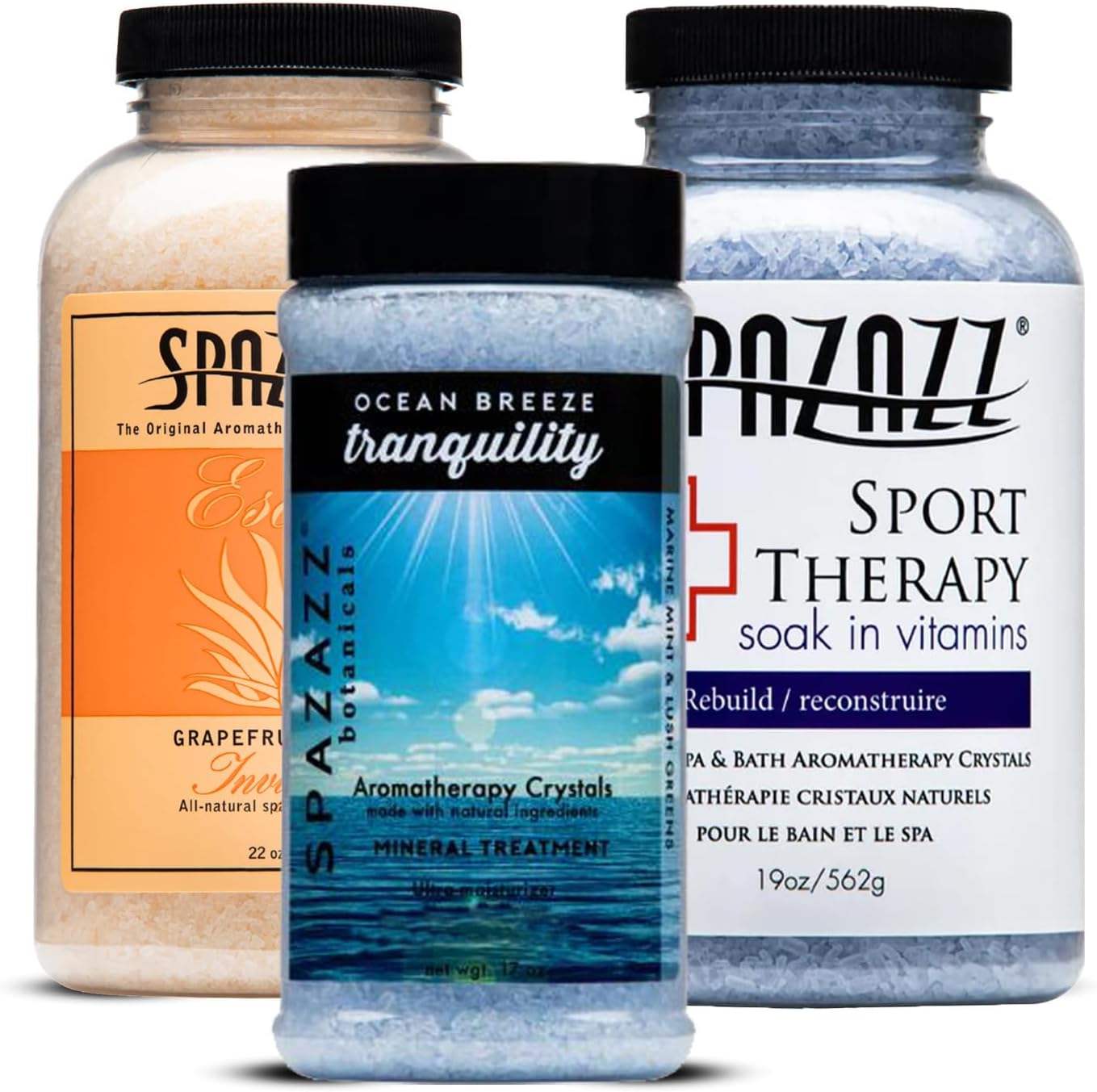 Spazazz Hot Tub Aromatherapy Crystals Bundle – 3 Pack Magnesium Bath Salt | Magnesium Aromatherapy Bath Salts; 22oz Escape Grapefruit Orange, 17oz Ocean Breeze Botanicals, 19oz RX Sport Therapy