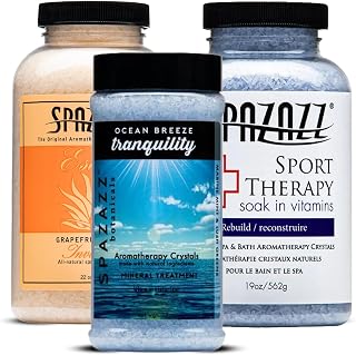 Spazazz Hot Tub Aromatherapy Crystals Bundle – 3 Pack Magnesium Bath Salt | Magnesium Aromatherapy Bath Salts; 22oz Escape Grapefruit Orange, 17oz Ocean Breeze Botanicals, 19oz RX Sport Therapy