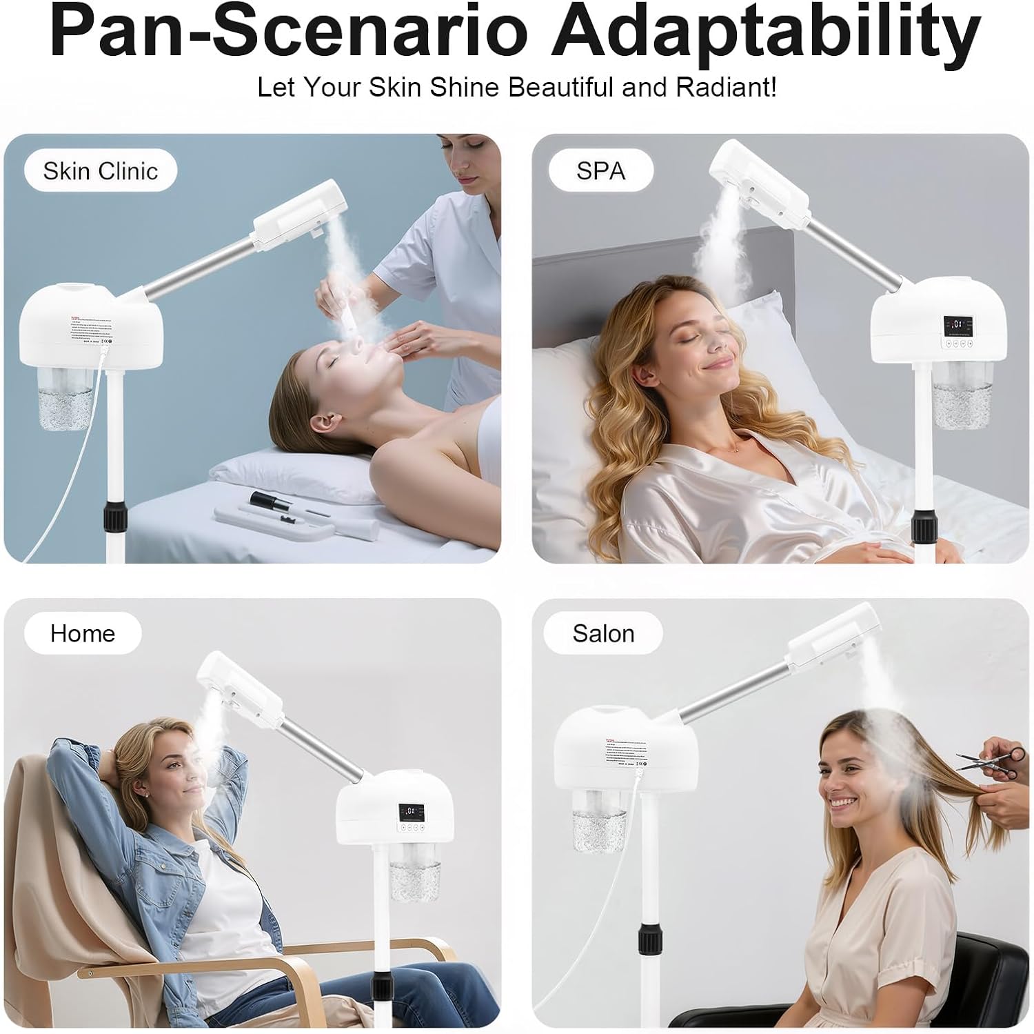 Professional Standing Facial Steamer for Home, Salon, Spa, Nano Ionic Ozone Skin Care Machine with 600ml Tank, Adjustable 22-27 Inch Height, Hot Mist for Deep Cleansing & Hydration, 750W 110V