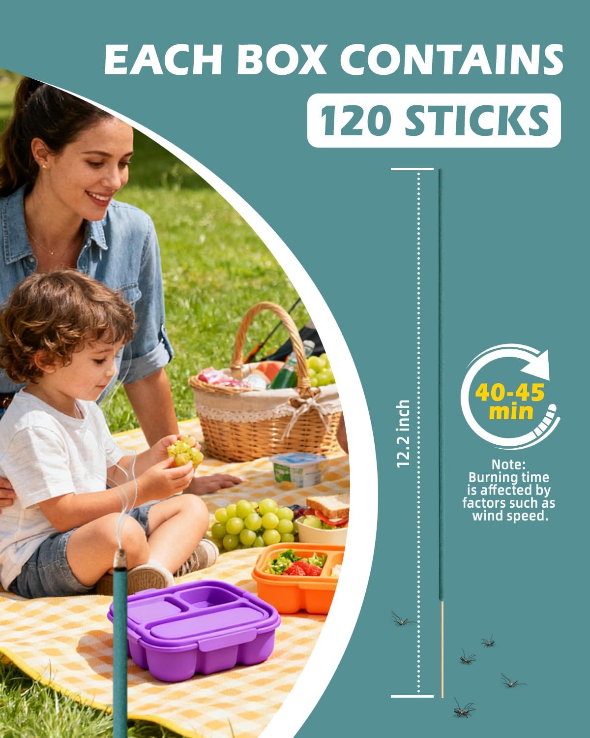 Mosiller Incense Sticks 120 PCS, Contain Natural Plant Essential Oils Such as Citronella, Rosemary, and Lemongrass, Safe for Pets, Suitable for Indoor, Patios, Fishing, Camping