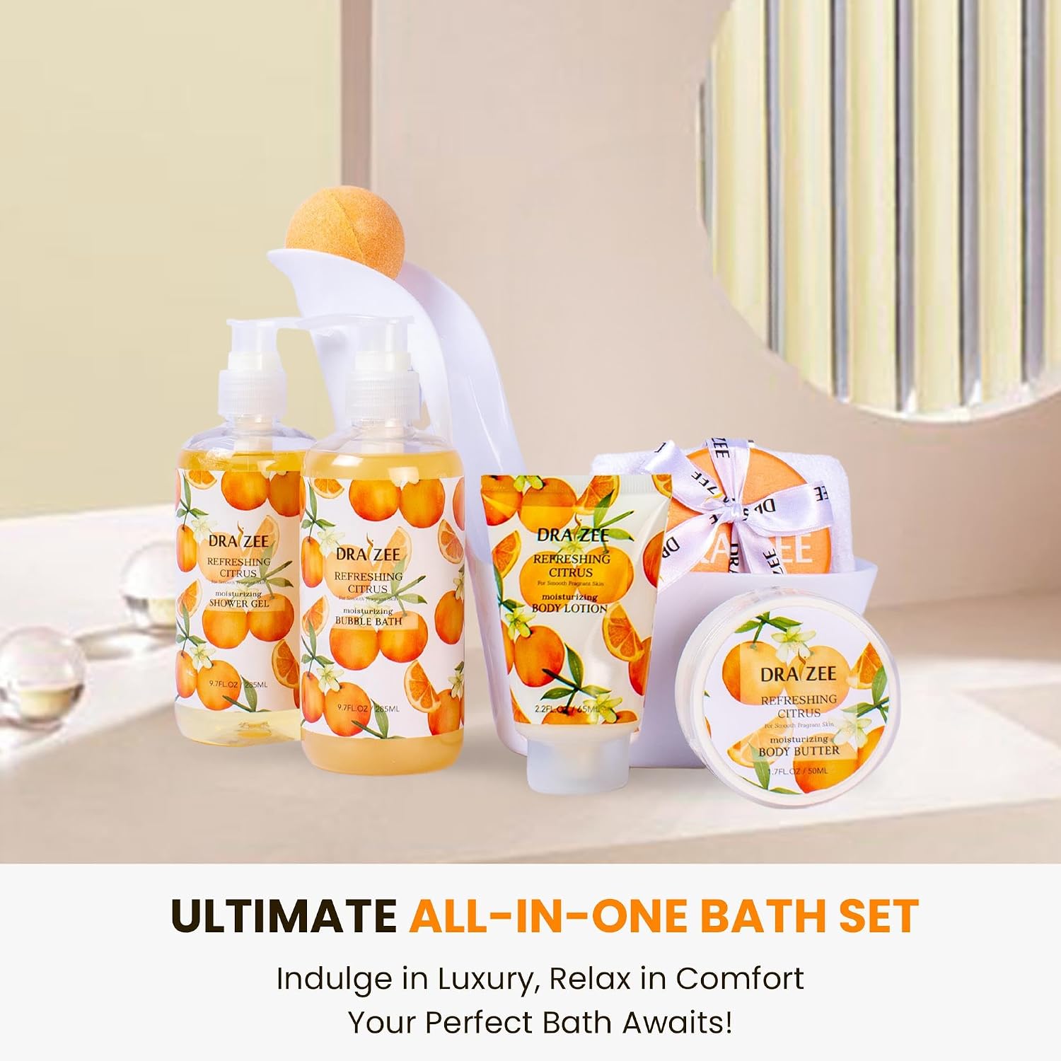 Draizee Heel Shoe Spa Gift Basket for Women, 8 Pc Citrus Scented | Gift Set, Luxury Self Care Kit for Mom, Relaxing Bath and Body Set, Home Spa Gifts for Her
