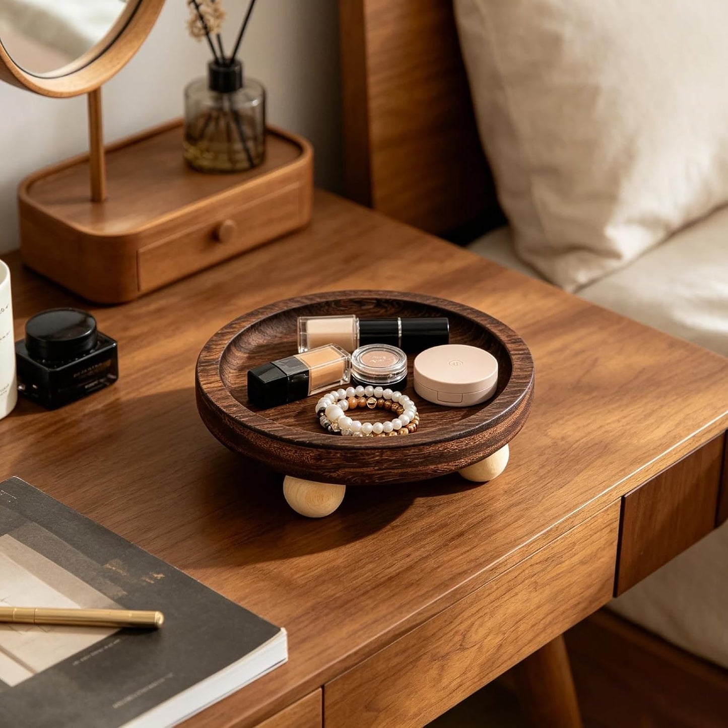 Round Wooden Jewelry Tray with Elevated Ball Feet, Rustic Trinket Ring Dish for Vanity, Keys Candles Small Decor Storage Organizer (Brown-Round)