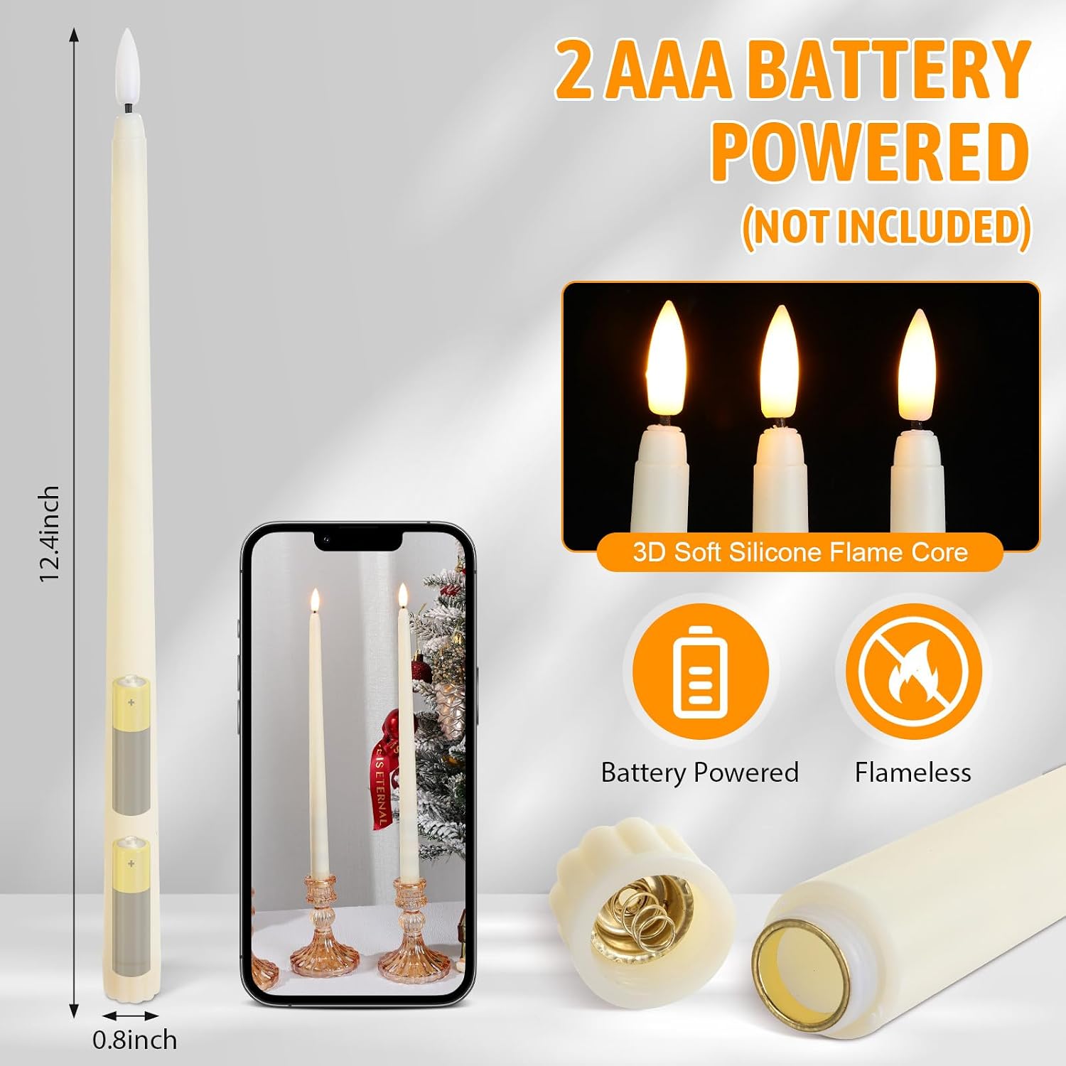 Baquler 50 Pcs Flameless Taper Candles Battery Operated Bulk 12.4 Ivory LED Taper Candles Flickering LED Candlesticks for Wedding Advent Halloween Christmas Party Decor