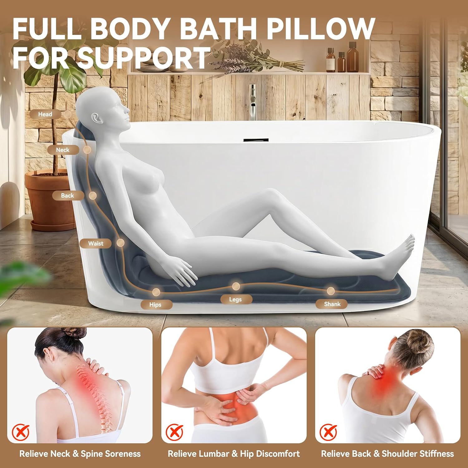 Poemland Bath Pillow for Tub, Extra Thick Full Body Bath Pillow with Head & Neck Support, 5D Mesh Breathable Spa Cushion, 144 Non-Slip Suction Cups, Quick Dry for Home Spa Relaxation, Grey