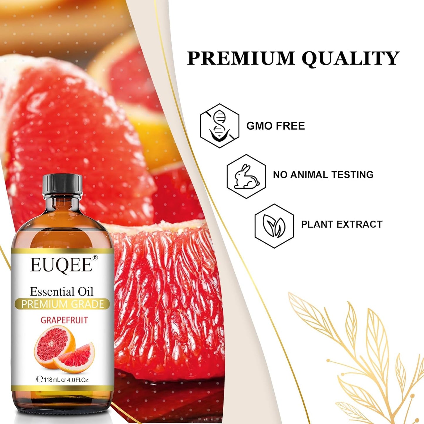 EUQEE Grapefruit Essential Oil 118mL Pure Grapefruit Oil, Large Capacity Essential Oil with Glass Dropper for Diffuser, Aromatheraphy, DIY Soap (4fl.oz)