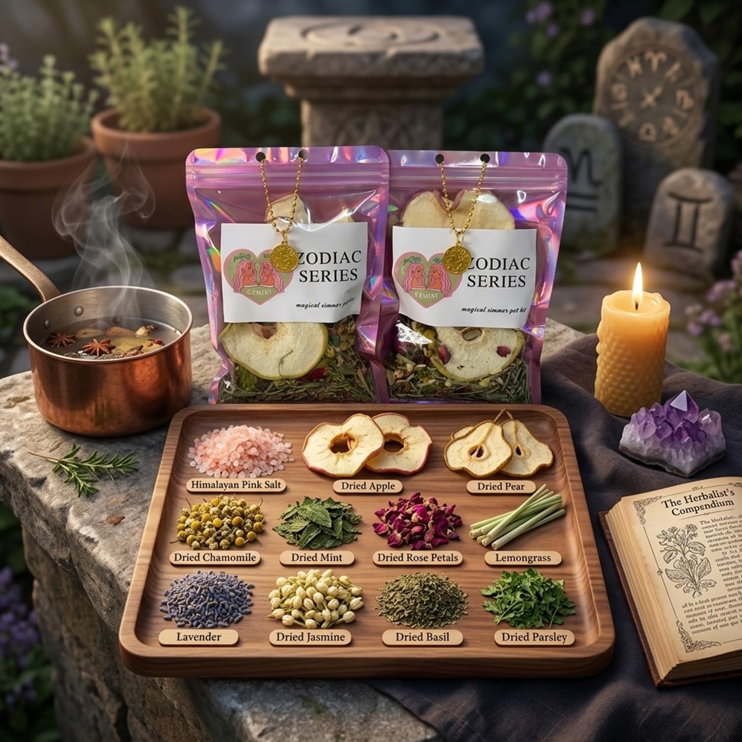 Gemini Zodiac Simmer Pot Kit - Magical Stovetop Potpourri with Dried Apple & Pear Slices, Rose Petals, Lavender & Chamomile - Himalayan Pink Salt & Lemongrass - Astrology Gift for Her