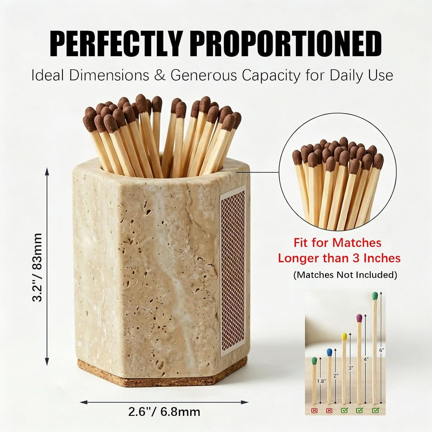 Hexagonal Travertine Match Holder with Striker, Luxury Natural Stone Matches Jar with Cork Base, Decorative Matchstick Holder for Candle & Fireplace - Unique Housewarming Gift, Matches Not Included