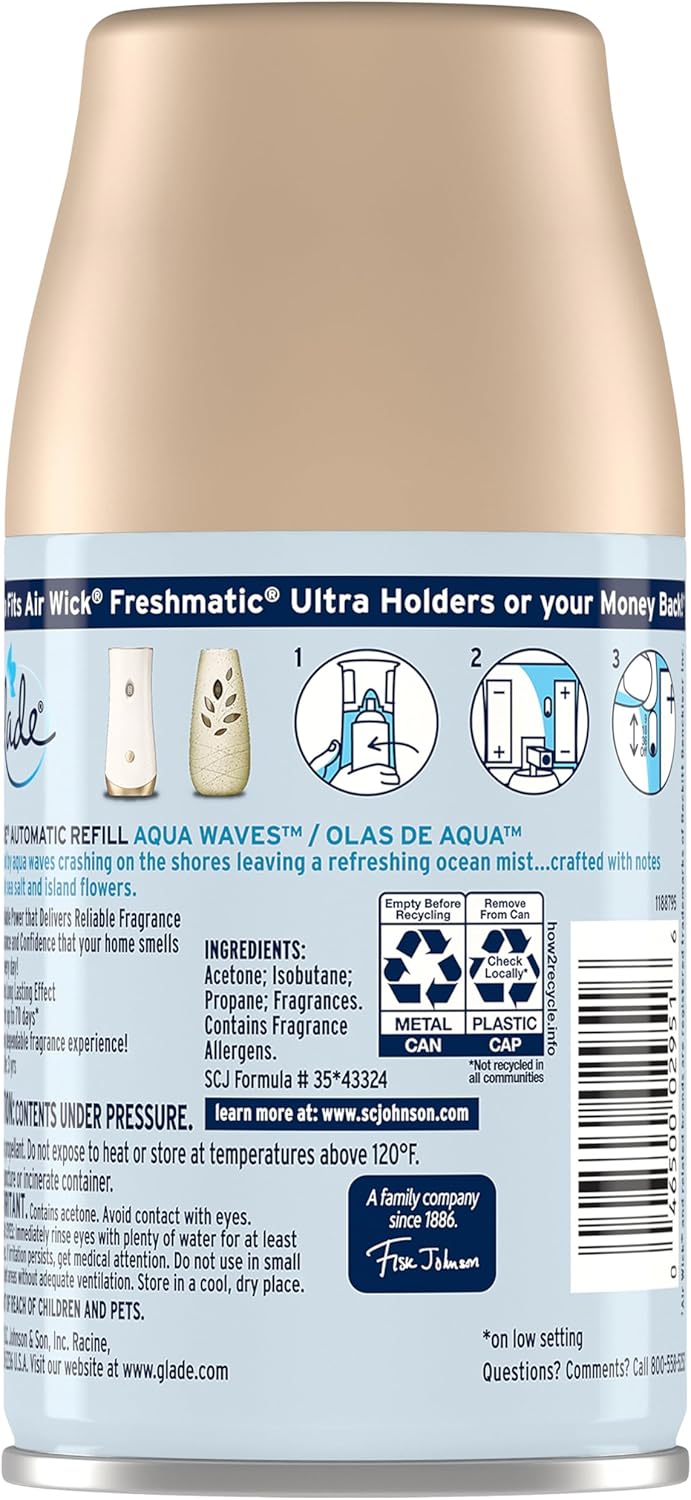 Glade Automatic Spray Refill and Holder Kit, Air Freshener for Home and Bathroom, Aqua Waves, 6.2 Oz, 2 Count