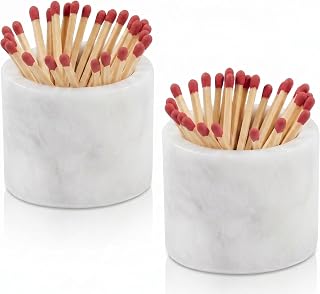 Marble Match Holder with Striker, Set of 2 – White Matchstick Holder with Side Striker, Decorative Matches Jar for Fireplace, Candle, Bathroom Decor, Housewarming Gift (Matches Not Included)