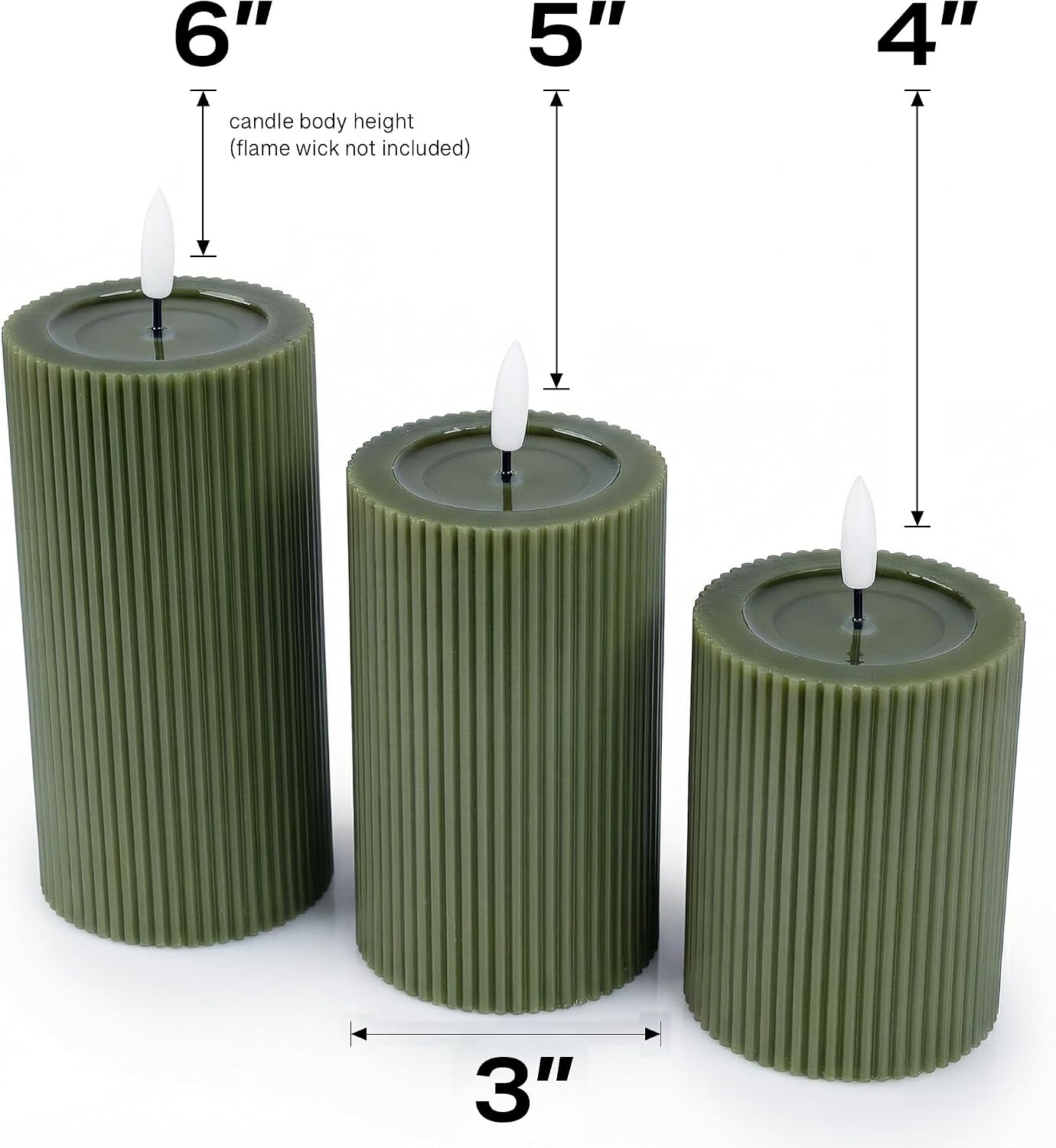 Fluted Ribbed LED Pillar Candles, Loden Green, with Reflective Melted-Wax Effect – Flickering Flame, Remote, Dimmable, Flameless, Battery Operated, Home & Wedding Decor (Set of 3)