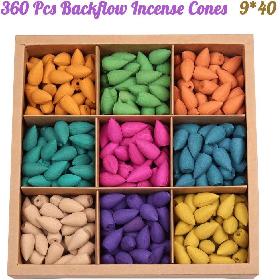 OTOFY Backflow Incense Cones - 360 Pcs of 100% Natural Scents Waterfall Incense Rose Tulip Jasmine Lavender for Meditation & Yoga Gift