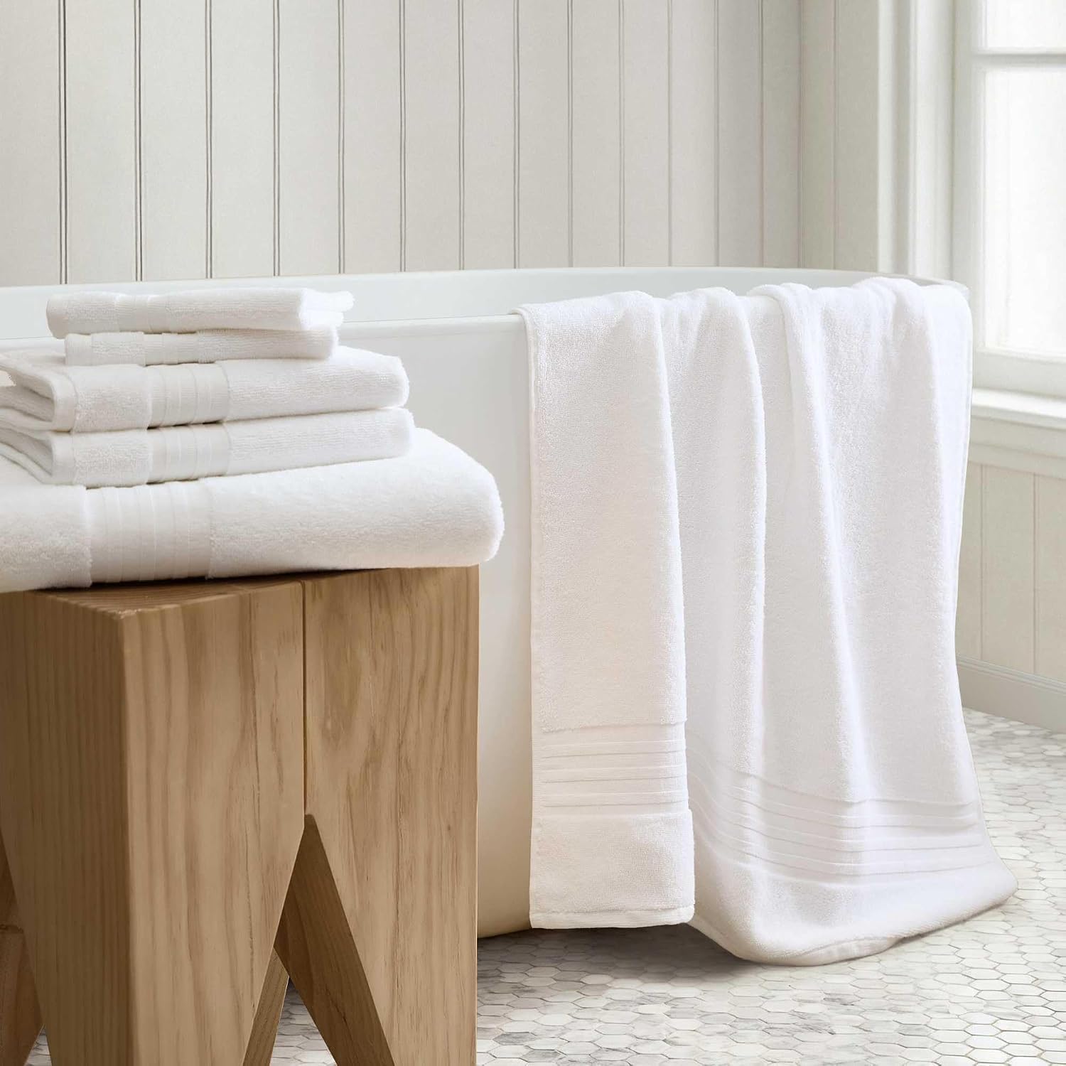 Martha Stewart - Bath Towels, Soft & Absorbent 100% Cotton Towels, Plush 700 GSM, 6-Piece Bathroom Towel Set with Textured Dobby Weave (Skyland Manor White)