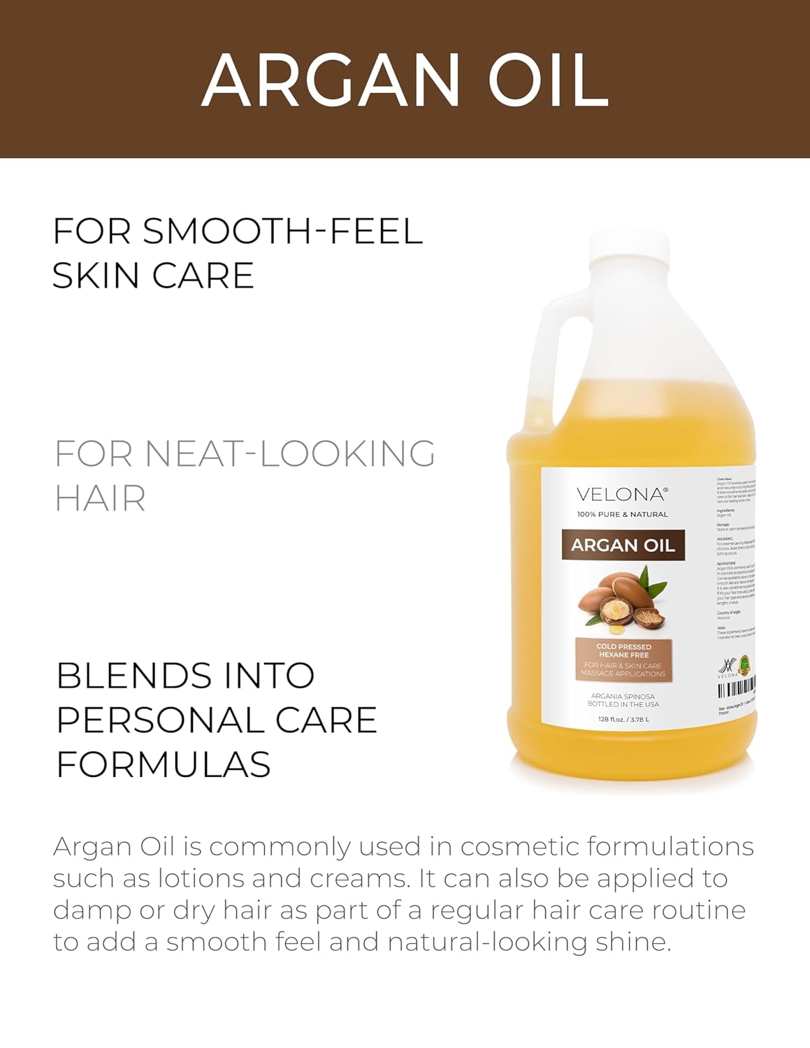 velona Argan Oil - 1 Gallon / 128 Fl Oz | 100% Pure and Natural | Morocco Oil | Skin, Body and Face Care | Nails Protector | Unrefined, Cold Pressed