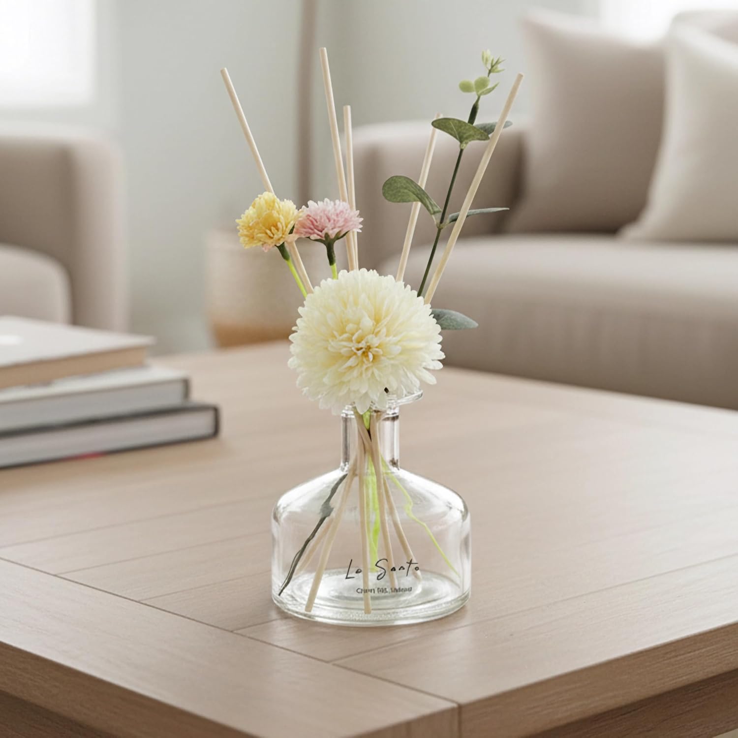 Reed Diffuser Set 8.5 fl oz / 250 ml Glass Bottle with Decorative Flower & Natural Reeds Flameless Home Fragrance for Bathroom Bedroom Office Jasmine Freesia Scent