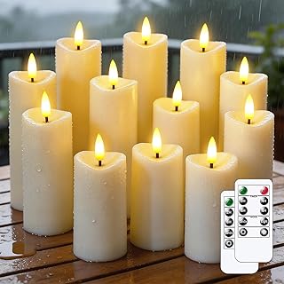 12 Pcs Battery Operated Waterproof Ivory Plastic Flameless Pillar Candles with Timer & 2 Remotes, 2.2" x4" 4" 4" 5" 5" 5" 6" 6" 6" 7" 7" 7" Outdoor Flickering LED Warm Light for Home Decor