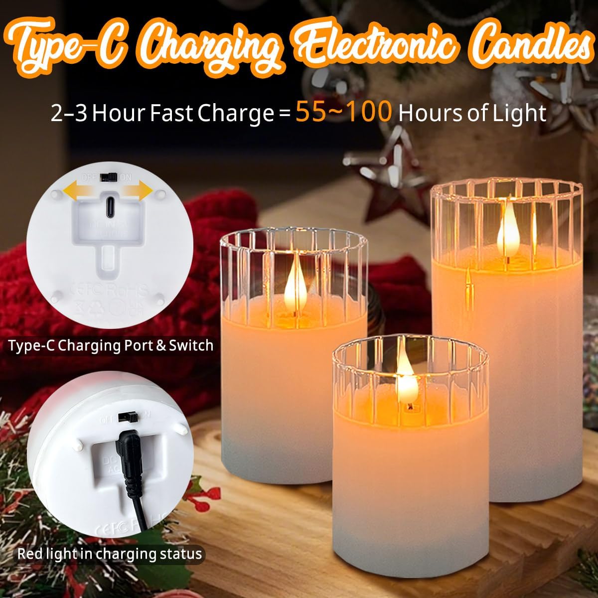 LEDHOLYT Rechargeable Flameless Glass Pillar Candles – Remote & Timer – Set of 3 White Stripes Realistic Flickering LED Light, Ideal for Living Room, Bedroom & Holiday Décor& Gifts for Women