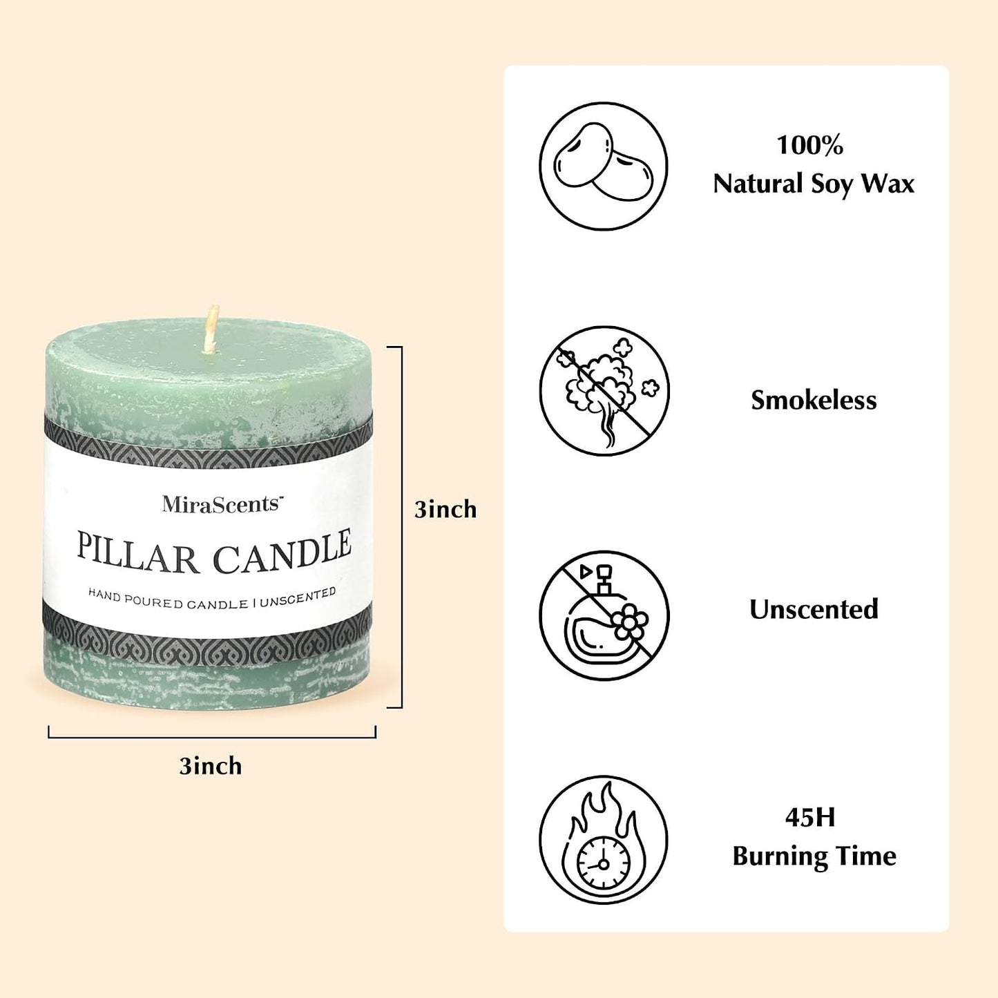 3x3 Inch Sage Green Pillar Candles - Set of 3, Long Clean Burning, Smokeless Dripless Candles for Spring Home Decor, Dinner Table, Bathroom, Rustic Decor