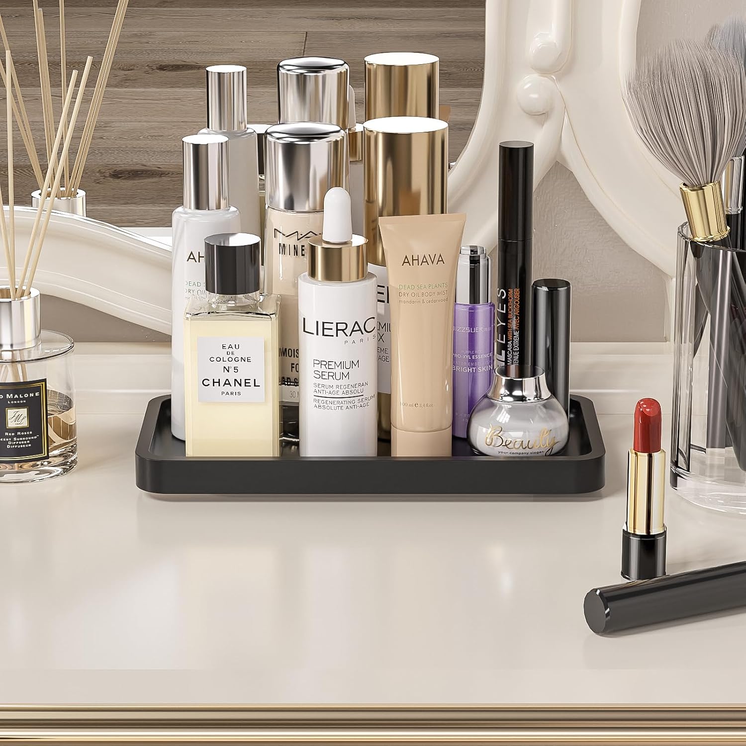 Weenson Small Bathroom Vanity Tray for Countertop Makeup Perfume Jewelry Decor Candle Keys, Small Black Kitchen Tray for Soap Dispenser Spice Bamboo Toilet Tray 7.9" L x 4" W x 0.79" H