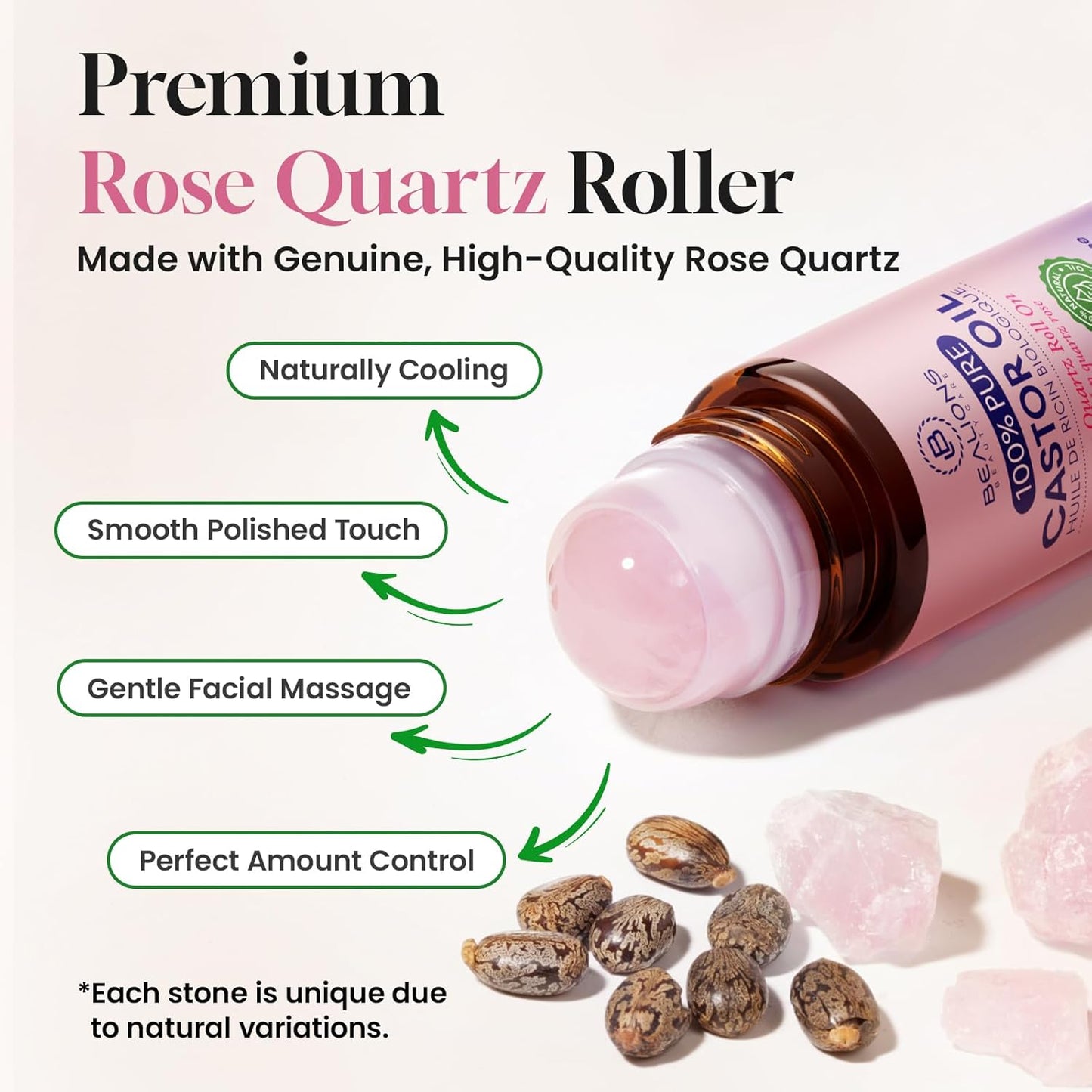 Bealions Organic Castor Oil Rose Quartz Roller Ball | Reduces Fine Lines, Wrinkles & Under-eye Puffiness, Promotes Thicker, Longer-looking Lashes and Brows, Gifts for Women 35+