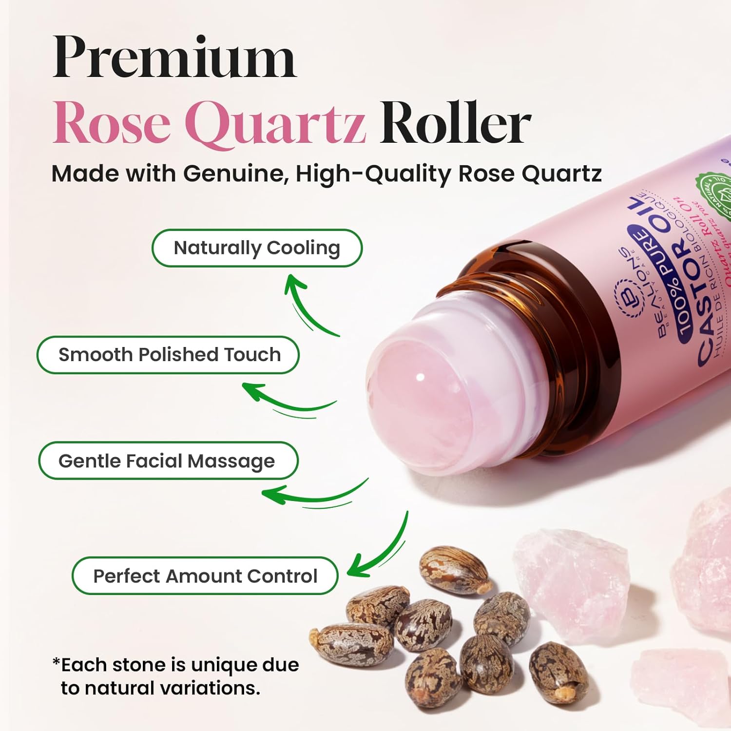 Bealions Organic Castor Oil Rose Quartz Roller Ball | Reduces Fine Lines, Wrinkles & Under-eye Puffiness, Promotes Thicker, Longer-looking Lashes and Brows, Gifts for Women 35+