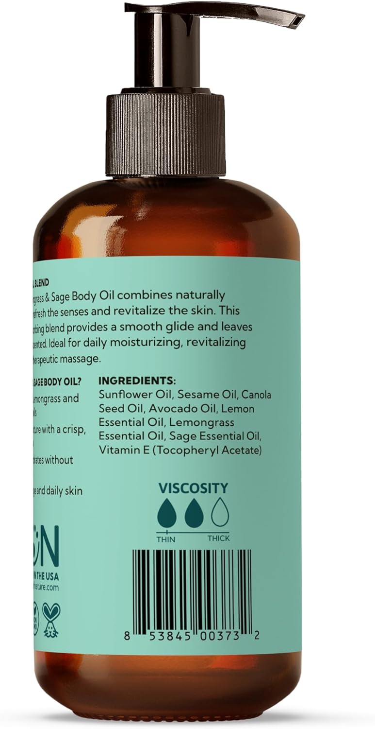 Best of Nature Lemongrass & Sage Aromatherapy Massage Oil – Non-Greasy Body Oil for Skin, Face & Massage – Uplifting Essential Oil Blend – 8 fl oz