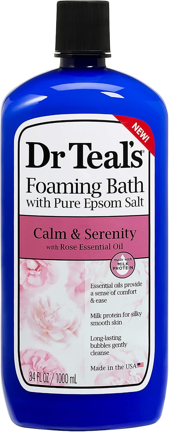 Bundle of Dr Teals Calm & Serenity with Rose Essential Oil (Made with Milk Protein): Pure Epsom Salt Soaking Solution 3 LBS & Foaming Bath 34 FL OZ