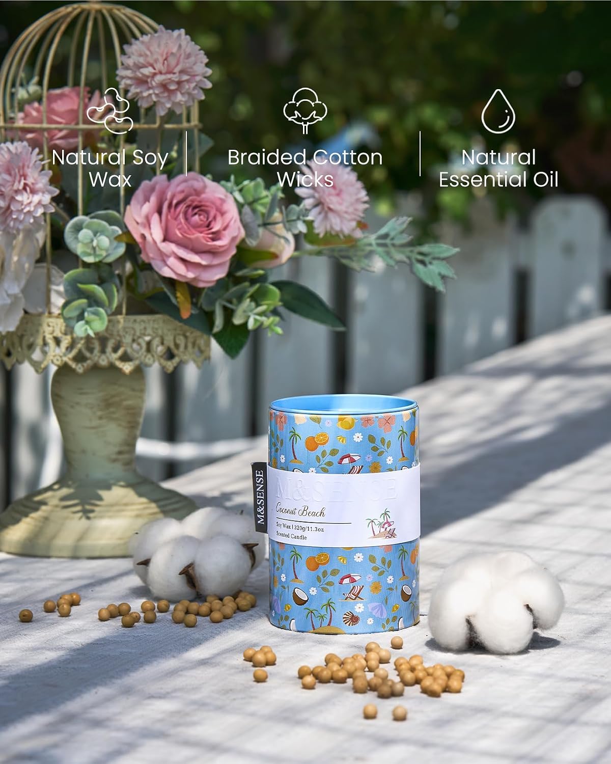 M&SENSE Summer Candle 11.3 oz, Coconut Beach Scented Candle, Non-Toxin Soy Wax for Home Scented, Ocean Candles Gift for Her, Up to 70 Hours Burning Long-Lasting Fragrance