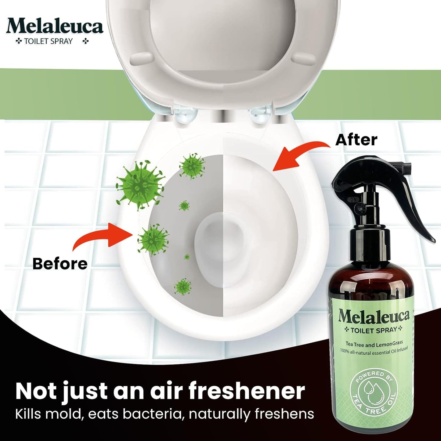 Melaleuca Spray - 100% Natural Tea Tree Oil Toilet Spray – 8 Oz - Natural Bathroom Odor Eliminator & Air Freshener – Pure Tea Tree Essential Oil with Lemongrass – Odor Eater, Paraben Free