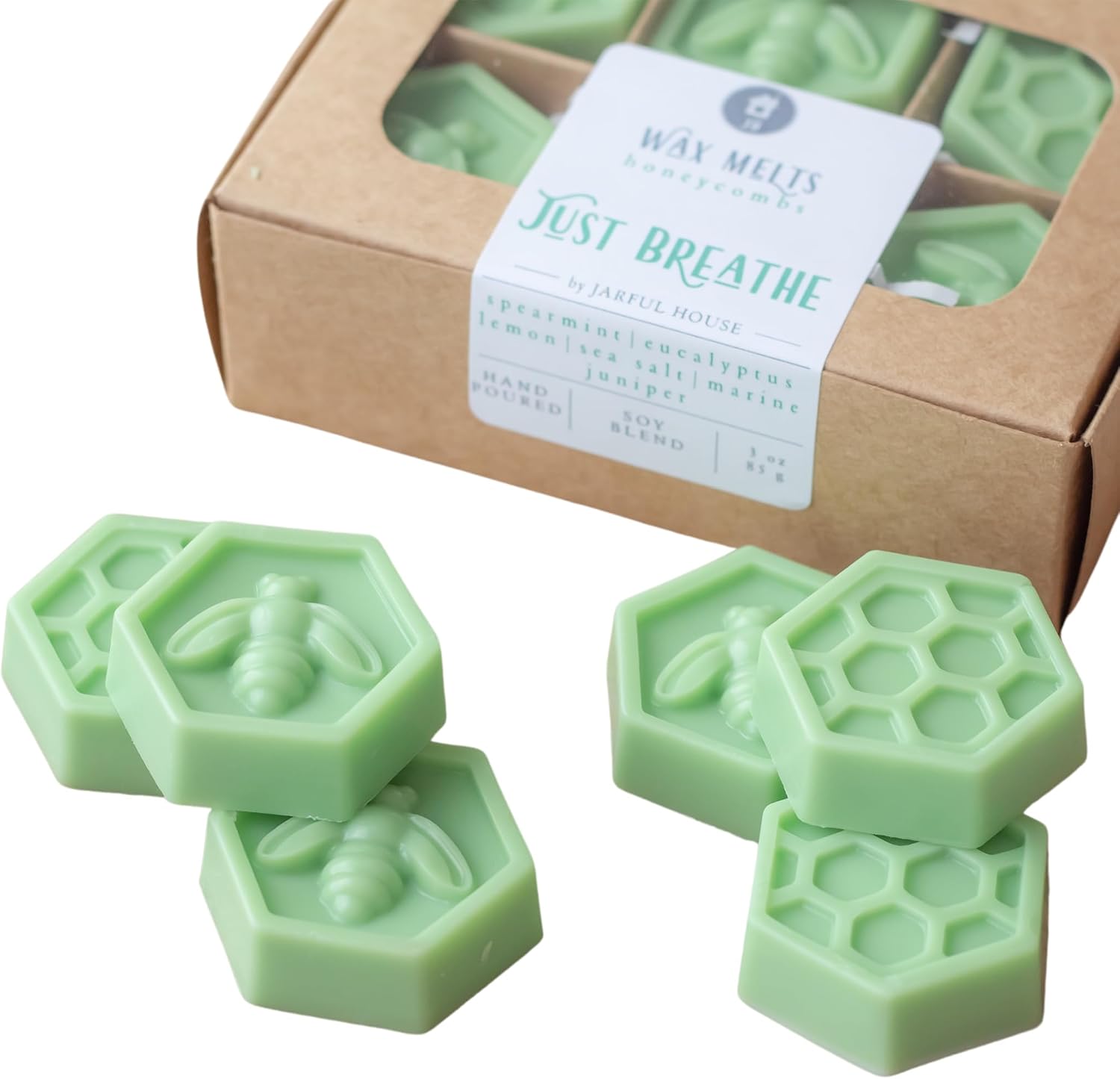Scented Wax Melts Just Breathe | Light Green Natural Coco Wax Tarts 3 oz. | Aromatherapy Scent Eucalyptus Spearmint Lemon | Gift for Mom