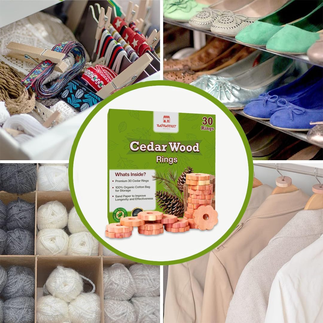 Cedar Blocks for Clothes Storage - Raimarket 30 Pack Cedar Rings - 100% Natural Aromatic Cedar Wood Chips for Closets, Wardrobe, Drawers & Shelves - Scented Wardrobe Freshener- Moisture Absorption
