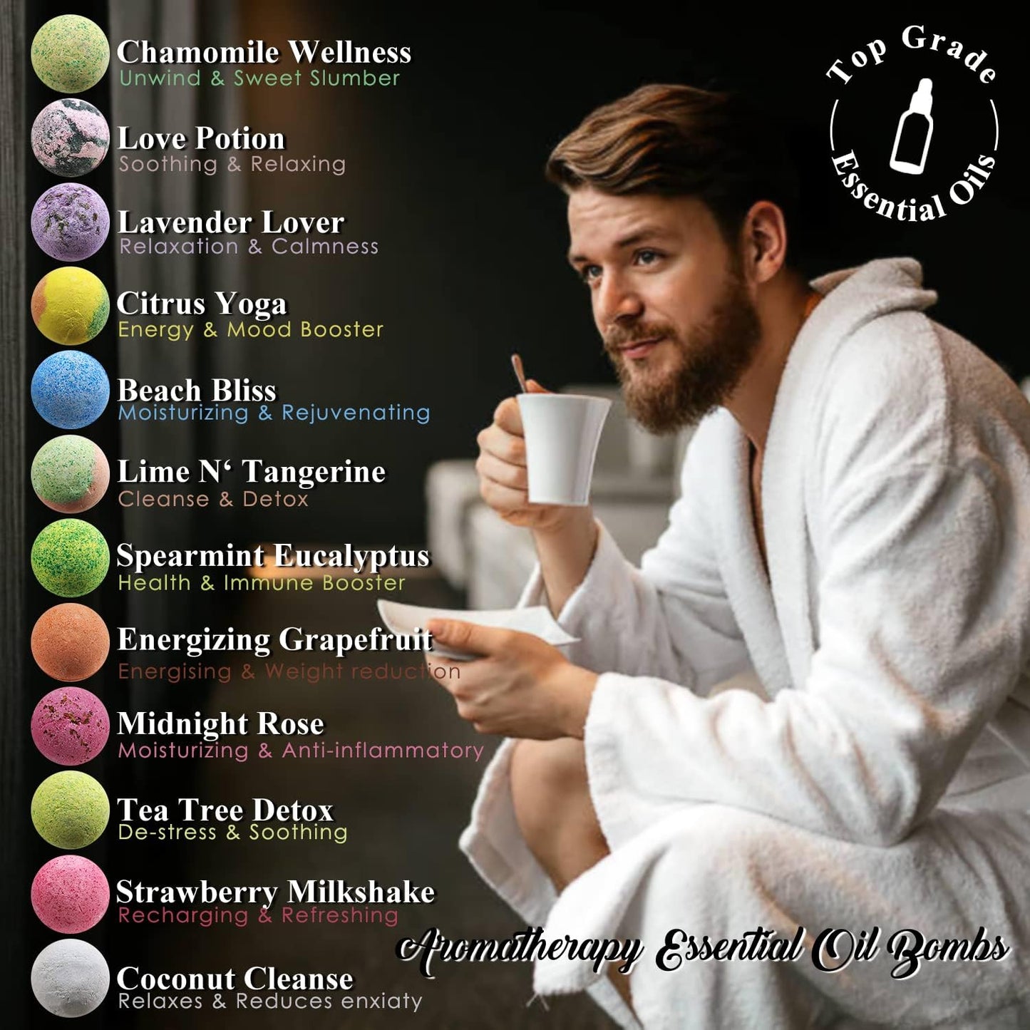 Pure Bath Bomb Gift Set for Men, 12 XL Organic Bath Bombs for Men Relaxing Bath Spa Gift Idea for Dad, Husband, Boyfriend, for Special Occasions, Birthdays, Holidays!