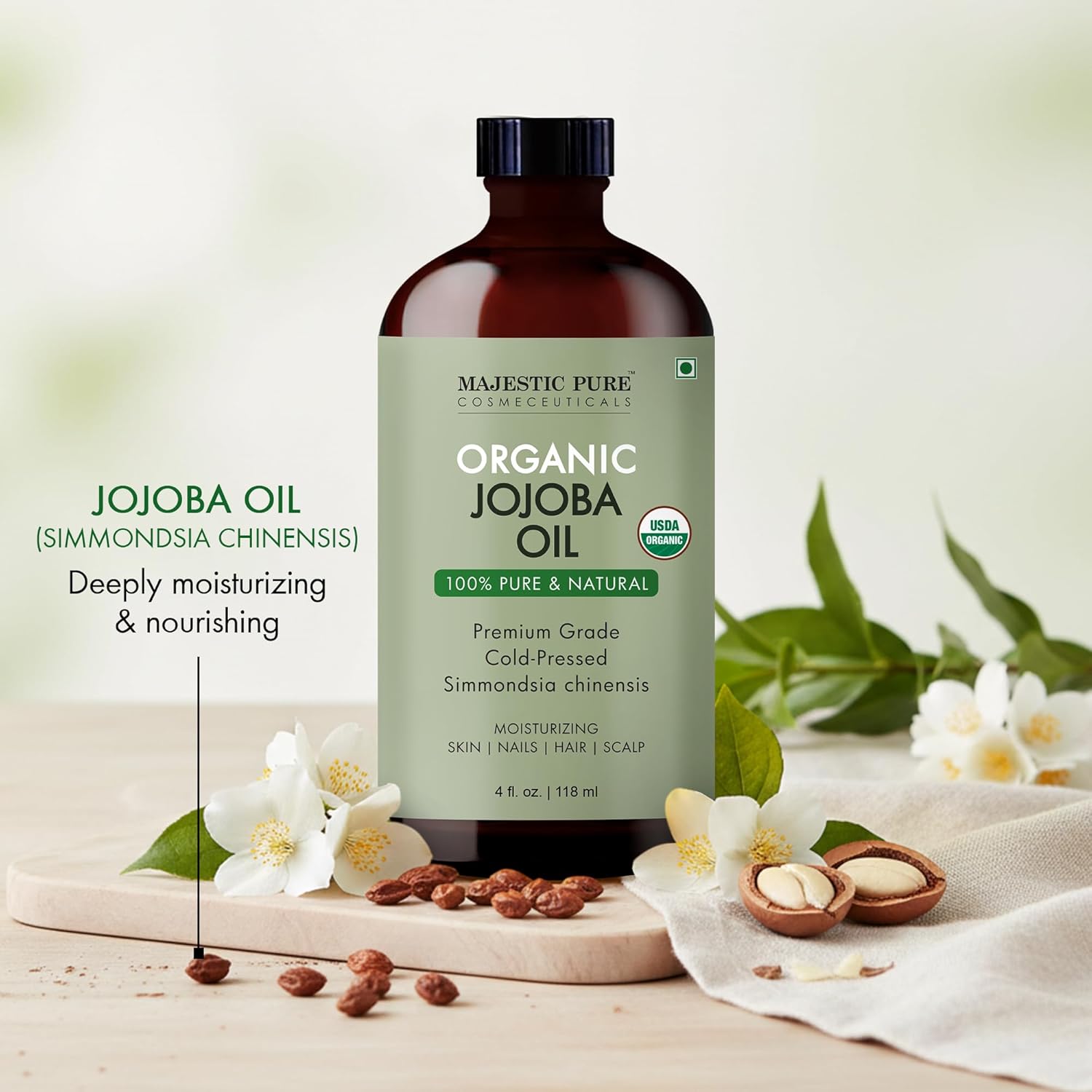 Majestic Pure Organic Jojoba Oil - 100% Pure & Natural - Premium Grade, Cold-Pressed, Hexane-Free Carrier Oil for Skin, Hair and Body - Moisturizing Skin, Hair and Scalp -4 Fl Oz