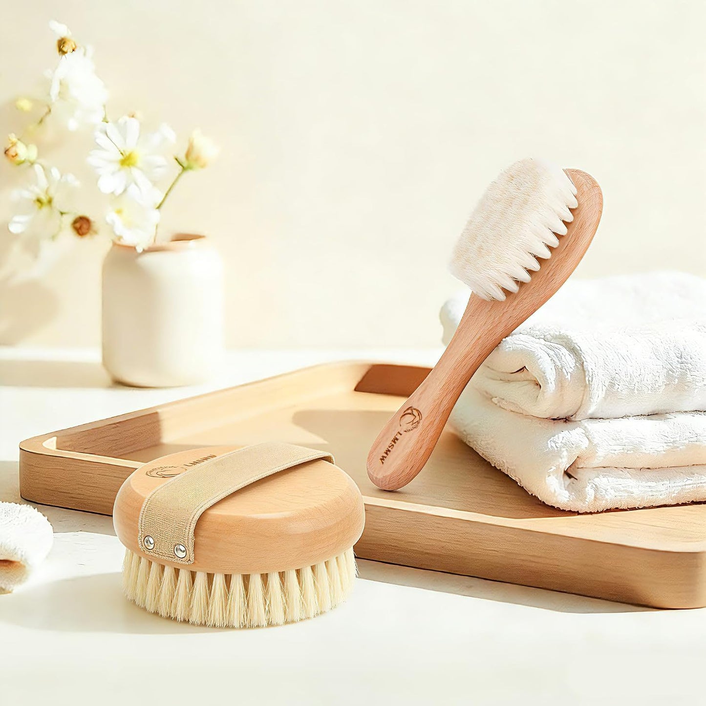 Dry Brushing Body Brush Set for Body and Face, Boar Bristle Body Scrub Brush and Soft Facial Brush, Exfoliating Dry Brush Kit for Smooth Skin, Lymphatic Drainage, Cellulite, Blood Circulation, 2 Pack