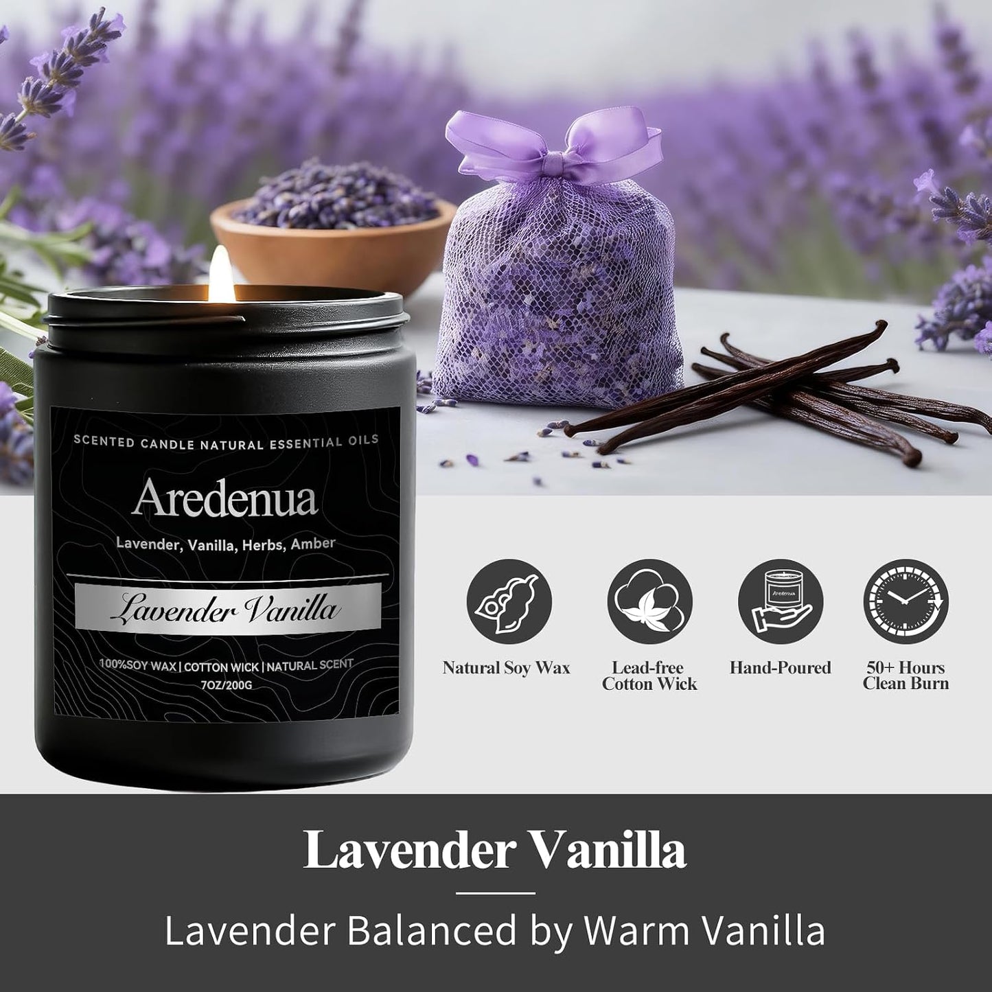 Lavender Vanilla Candle | Self-care Candle Gifts, Soy Candles for Home Scented, Aromatherapy Gifts for Women Men - 7oz Scented Candles for Home, 50 Hours Burn Time, Perfect for Relaxing Home Fragrance