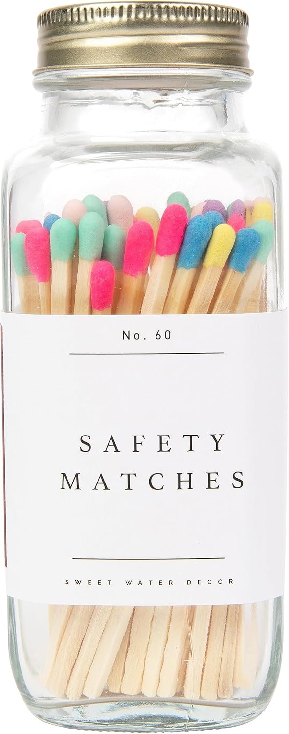 Sweet Water Decor 4" Rainbow Safety Matches - Glass Jar with Gold Lid | Approx. 60 Matches | Matchsticks | Home Decor | Candle Accessories | Apothecary Jars for Fireplace | Housewarming Gift