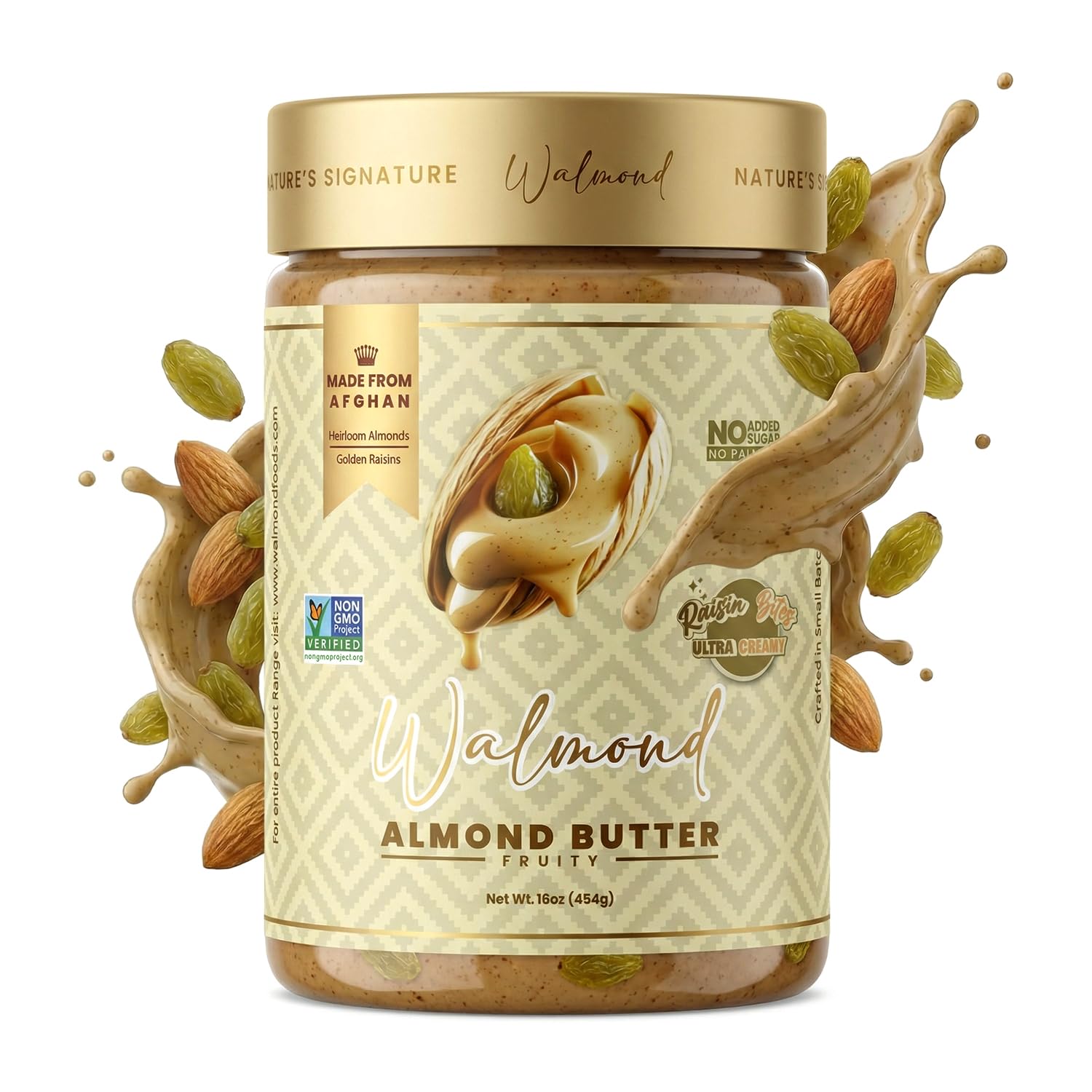 Walmond Almond Butter Fruity, Afghan Heirloom Almonds with Real Golden Raisin Bites, Lightly Fruit Sweetened, 6g Protein, No Added Sugar, No Palm Oil, NON-GMO Halal HACCP Certified, Keto Vegan, 16oz