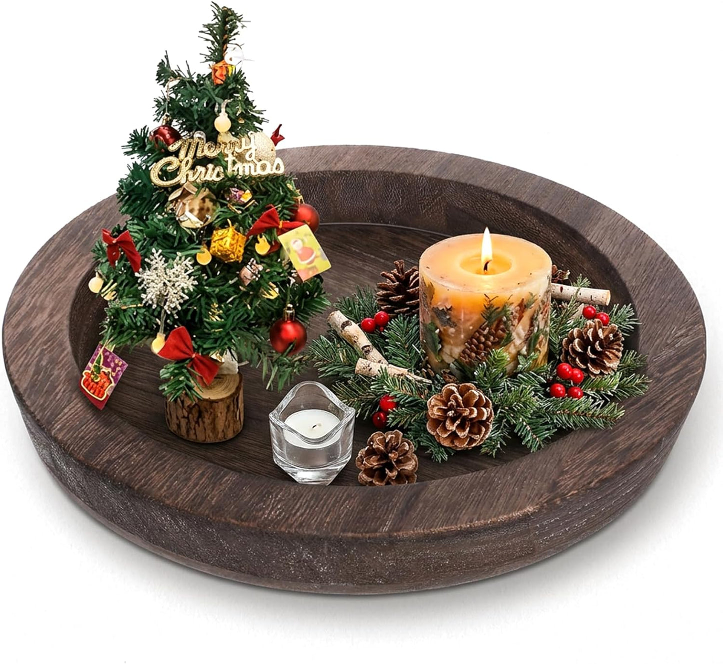 6.5 in Round Rustic Wood Tray for Decor Candle Holder Tray Wooden Serving Trayes for Coffee Table and Home Decor Small Serving Trays for Centerpiece Table Decorations Circle Dining Tables Trays