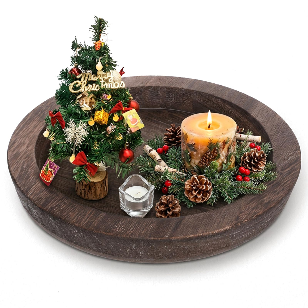 6.5 in Round Rustic Wood Tray for Decor Candle Holder Tray Wooden Serving Trayes for Coffee Table and Home Decor Small