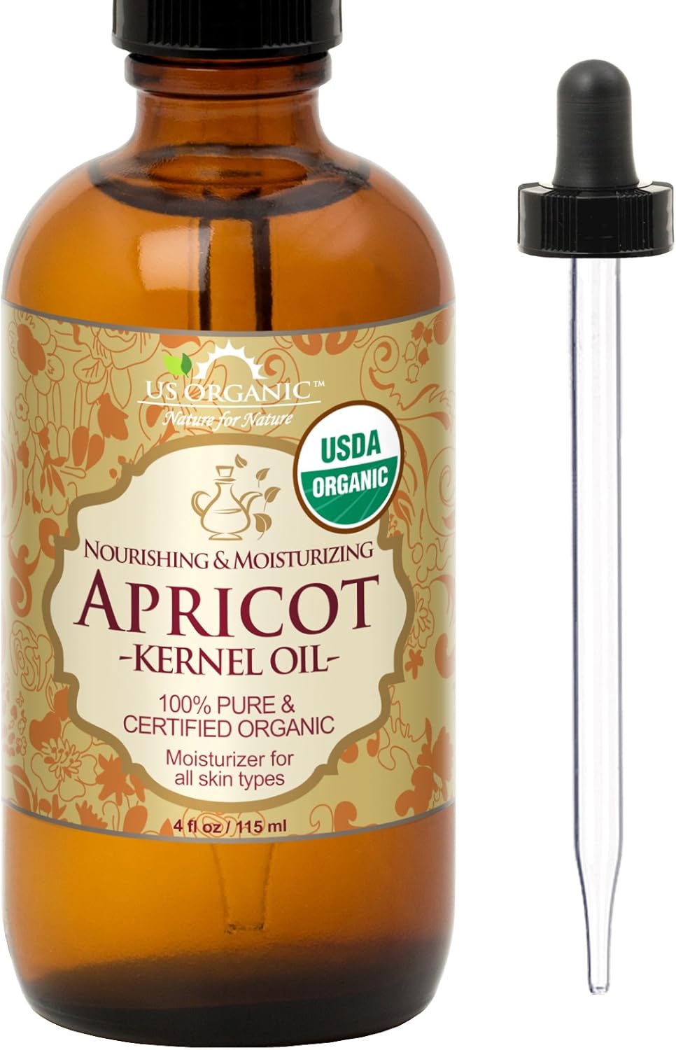 US Organic Apricot Kernel Oil, USDA Certified Organic,100% Pure & Natural, Cold Pressed Virgin, Unrefined in Amber Glass Bottle w/Glass Eyedropper for Easy Application (4 oz (Large))