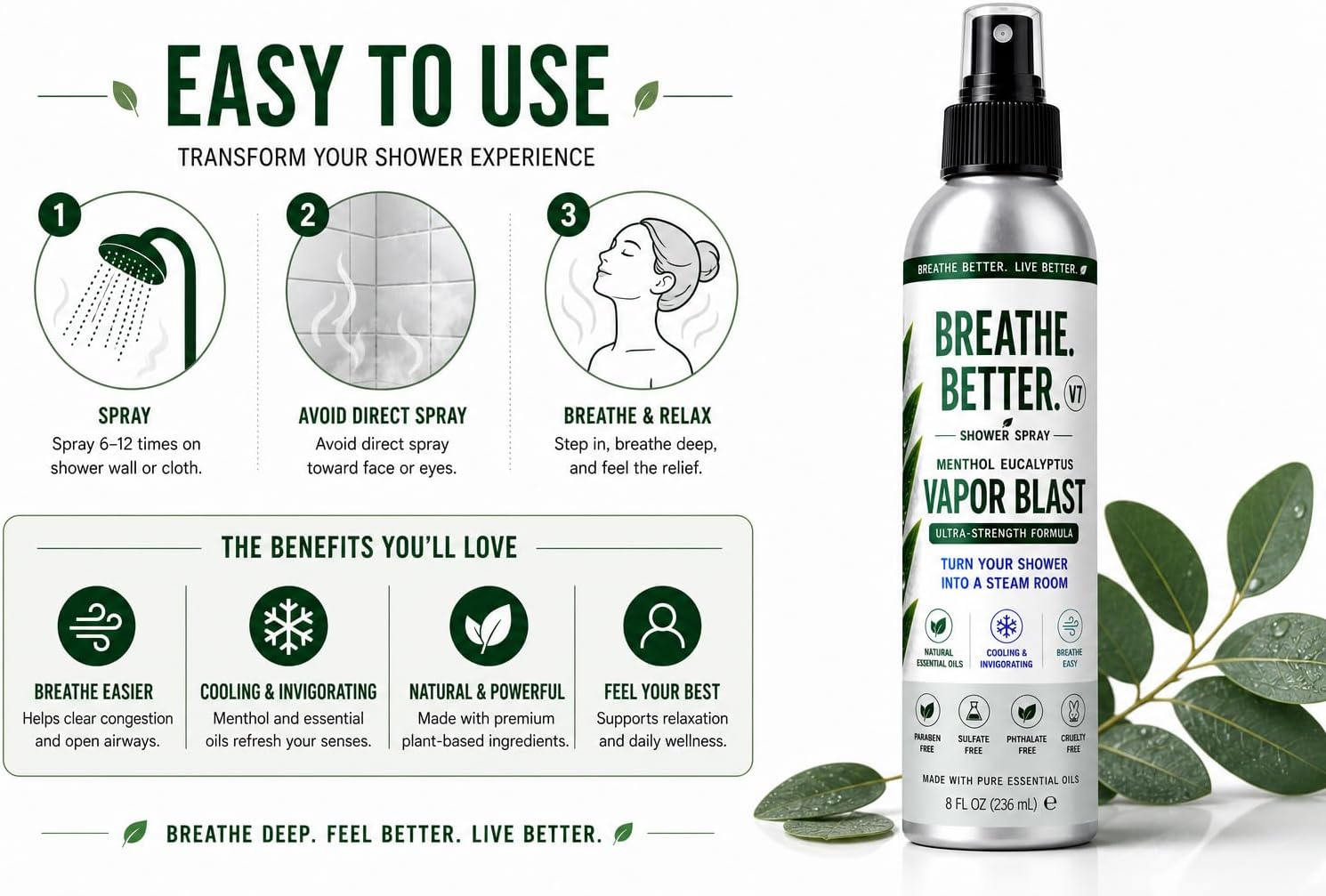 Vapor Blast - Menthol Eucalyptus Shower Steam Spray – Aromatherapy Mist – 4 oz