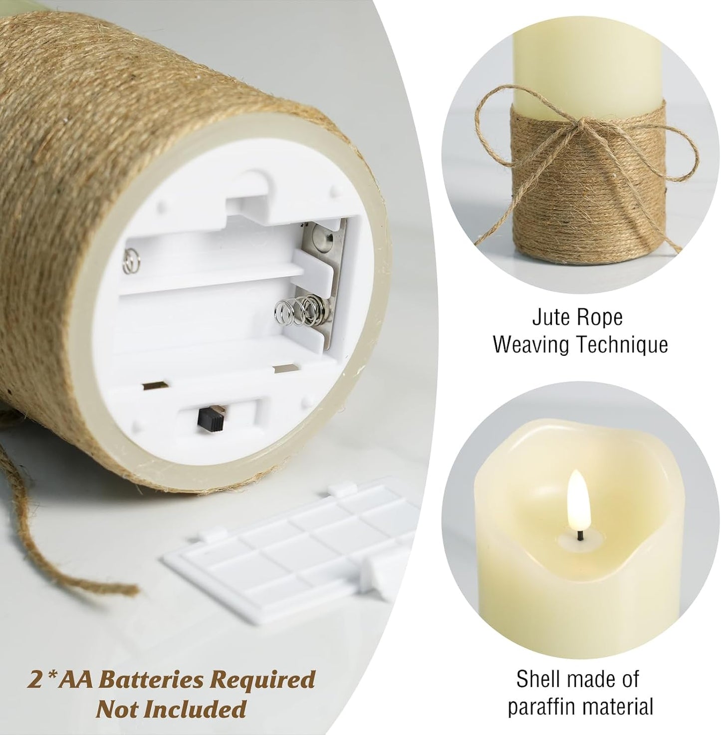 Flameless Candles with Remote Timer-3D Flickering Hemp Rope LED Candles Set of 3(4”/5”/6”, Battery Powered for Home/Wedding/Party/Table Decorations