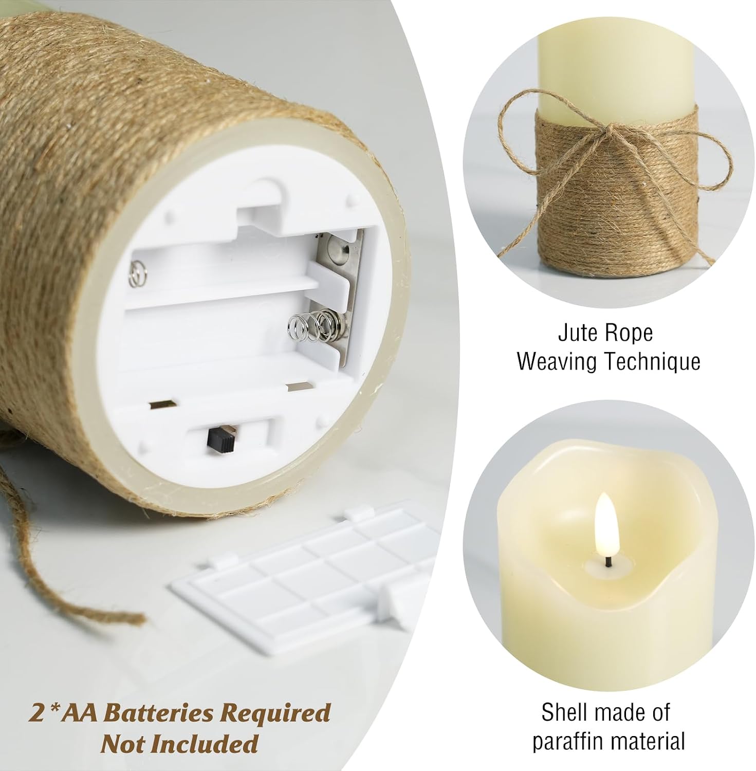 Flameless Candles with Remote Timer-3D Flickering Hemp Rope LED Candles Set of 3(4”/5”/6”, Battery Powered for Home/Wedding/Party/Table Decorations