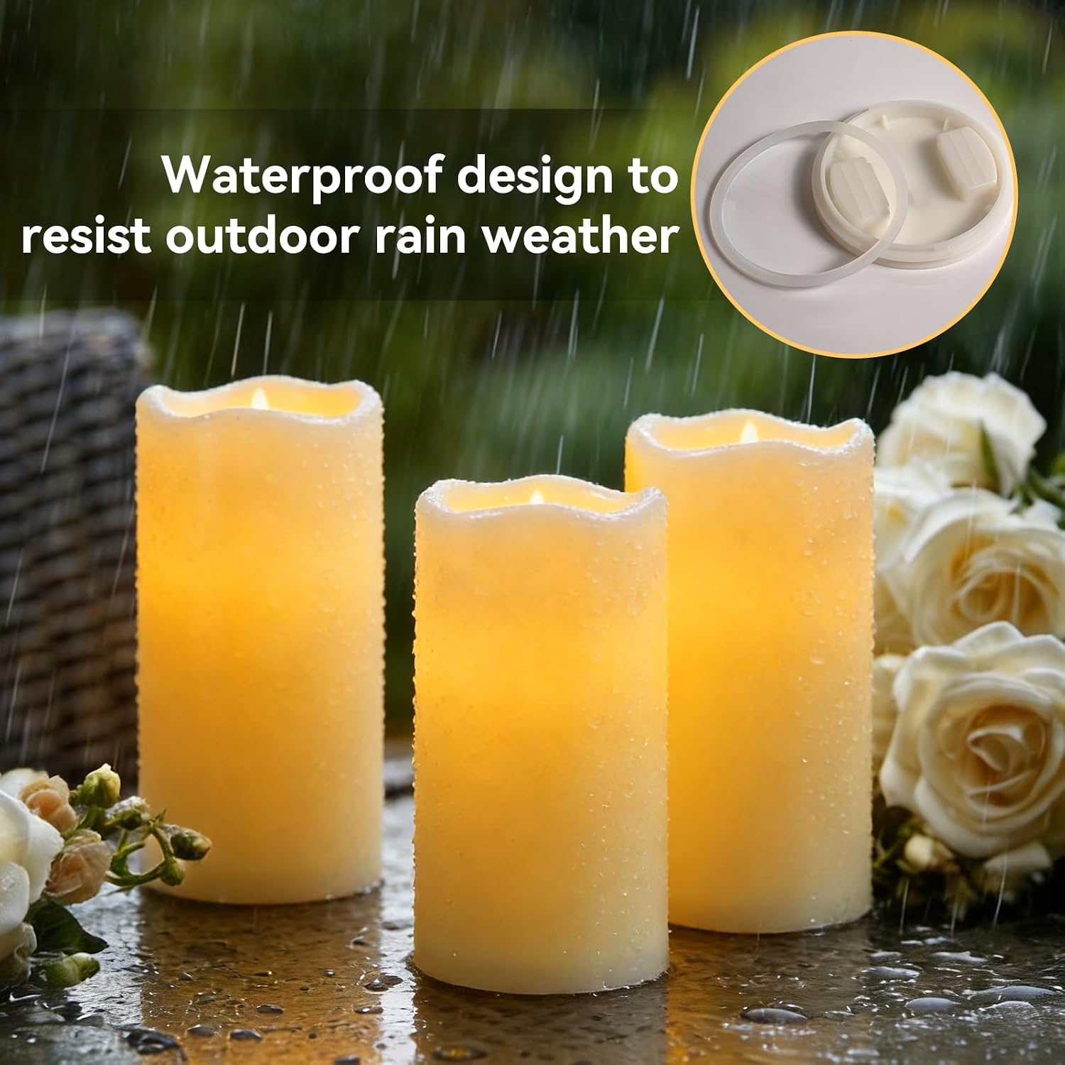 Raycare 3"x6" Outdoor Waterproof Flameless Candles, Battery Operated LED Electric Candles with Remote and Timers, Fake Pillar Candle for Patio, Porch, and Wedding Decor, Ivory, Set of 3