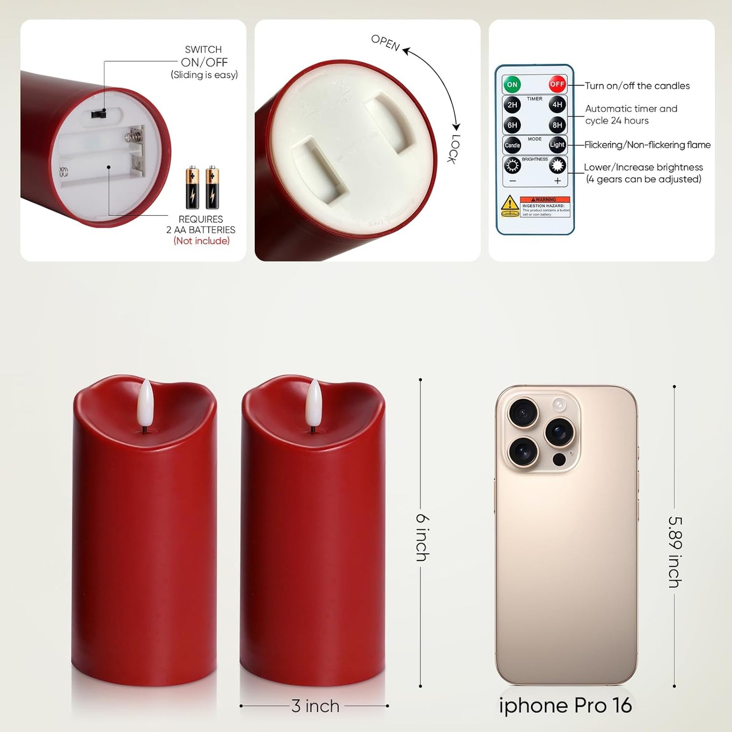 Raycare 6"x3" Outdoor Waterproof Flameless Candles with Remote and Timer, Battery Operated LED Electric Fake Pillar Candle for Valentine's Day, Home, Wedding Decor, Red, Set of 2