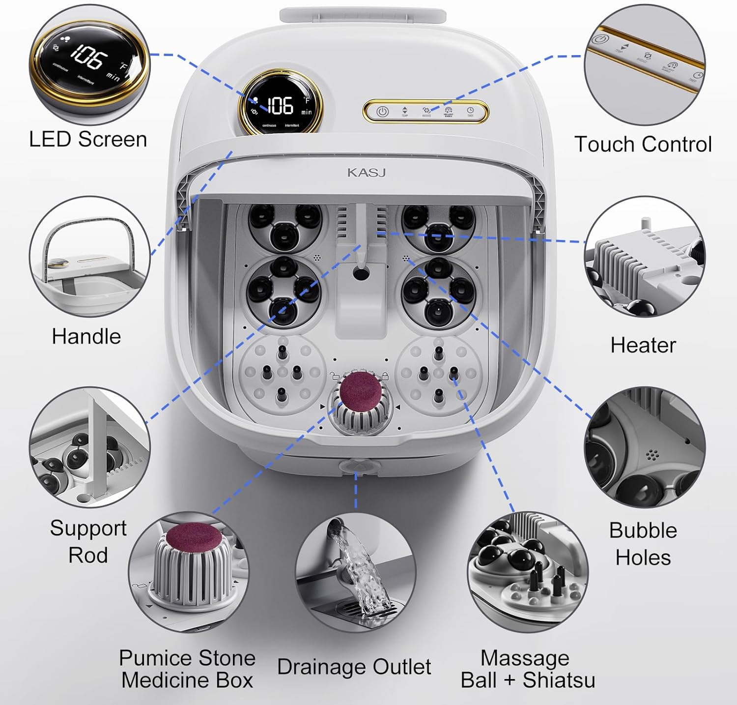 KASJ Collapsible Foot Spa with Electric Rotary and Hydro-Jet Massage, Foot Bath with Heat, 24 Shiatsu Nodes (16 Rotating and 8 Pressing), Bubble, Temp Control, Pedicure Foot Spa Tub for Stress Relief